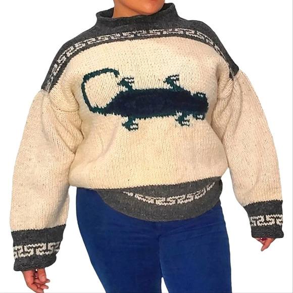 Vintage 100% Wool Handmade in Ecuador Gecko Tan Green Grey Oversize Sweater - Picture 1 of 11